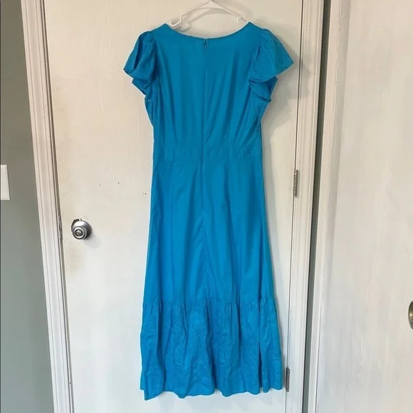 Ann Taylor Factory Blue Eyelit Tiered Embroidered Petal Sleeves Maxi Dress Sz 8 - Picture 3 of 13
